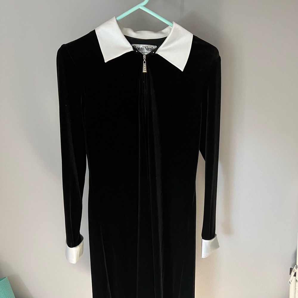 Black Velvety Swing Dress with Ivory Collar and Cuffs